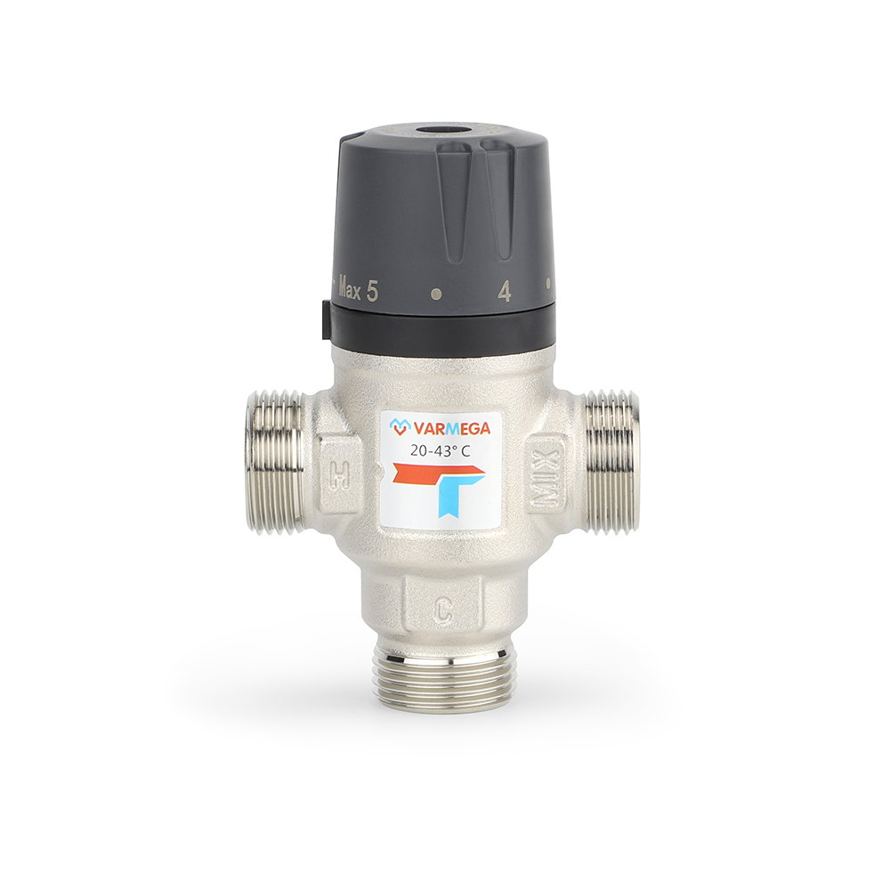 Термостатический смесительный клапан Varmega VM17302 НР 3/4", Kvs 1.6, PN 10, смешение в бок, 20-43°С